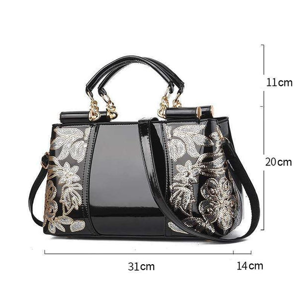 Shiny Leather Handbag With Single Sided Embroidery Black Women's Bags & Handbags