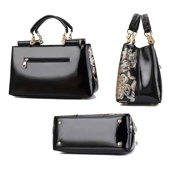 Shiny Leather Handbag With Single Sided Embroidery Black Women's Bags & Handbags