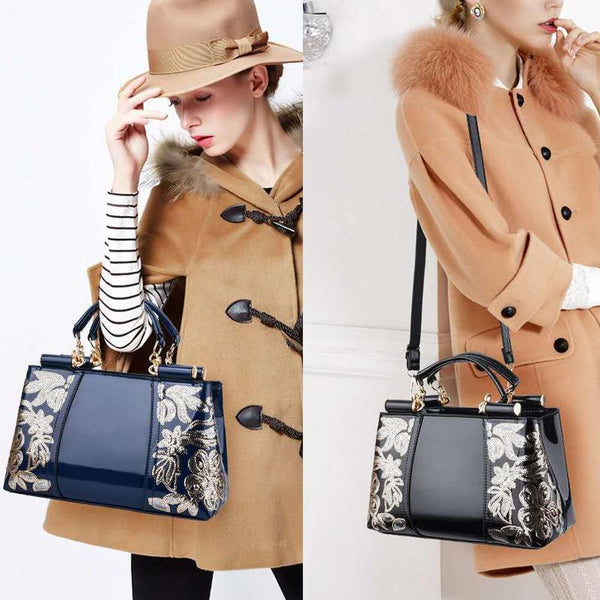 Shiny Leather Handbag With Single Sided Embroidery Black Women's Bags & Handbags