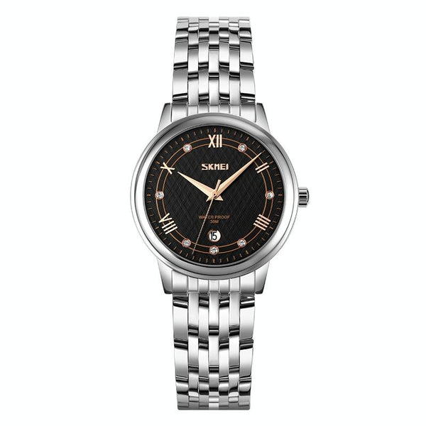 Waterproof Quartz Watch With Stainless Steel Buckle Strap For Women Silver Shell Black Surface Watches