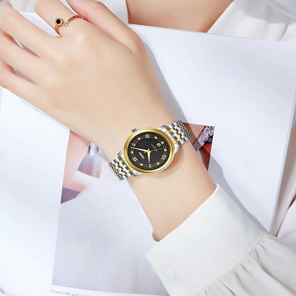 Waterproof Quartz Watch With Stainless Steel Buckle Strap For Women Silver Shell Black Surface Watches