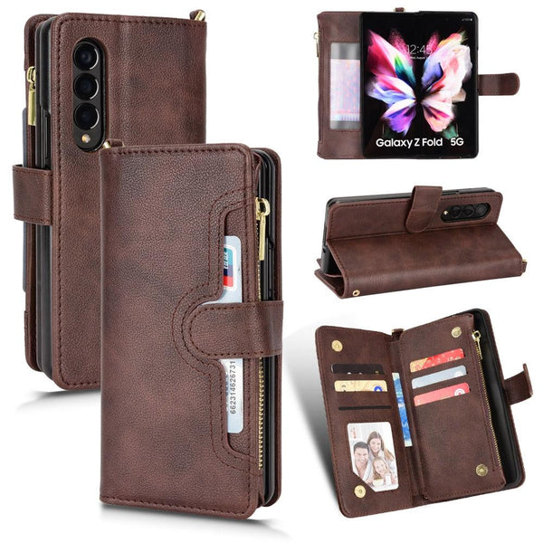 Zipper Leather Phone Case With Litchi Texture For Samsung Galaxy Fold4 5G Brown Other Mobile Accessories