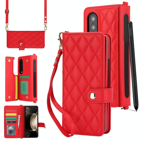 For Samsung Galaxy Z Fold4 5G Multifunctional Rhombic Leather Crossbody Phone Case Red Cases Covers & Skins