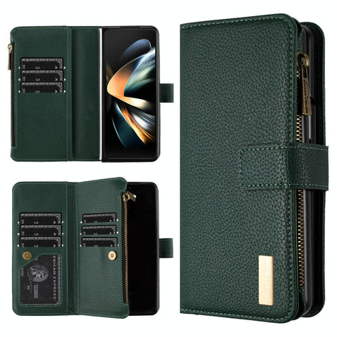 For Samsung Galaxy Z Fold4 5G Litchi Texture Zip Wallet Green Cases Covers & Skins
