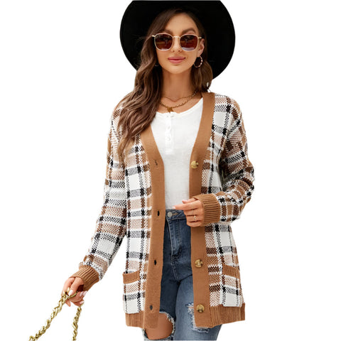 Autumn And Winter Female Diamond Loose Knitted Cardigan Jacquard Medium Length Sweater Jacket Brown Jumpers & Cardigans