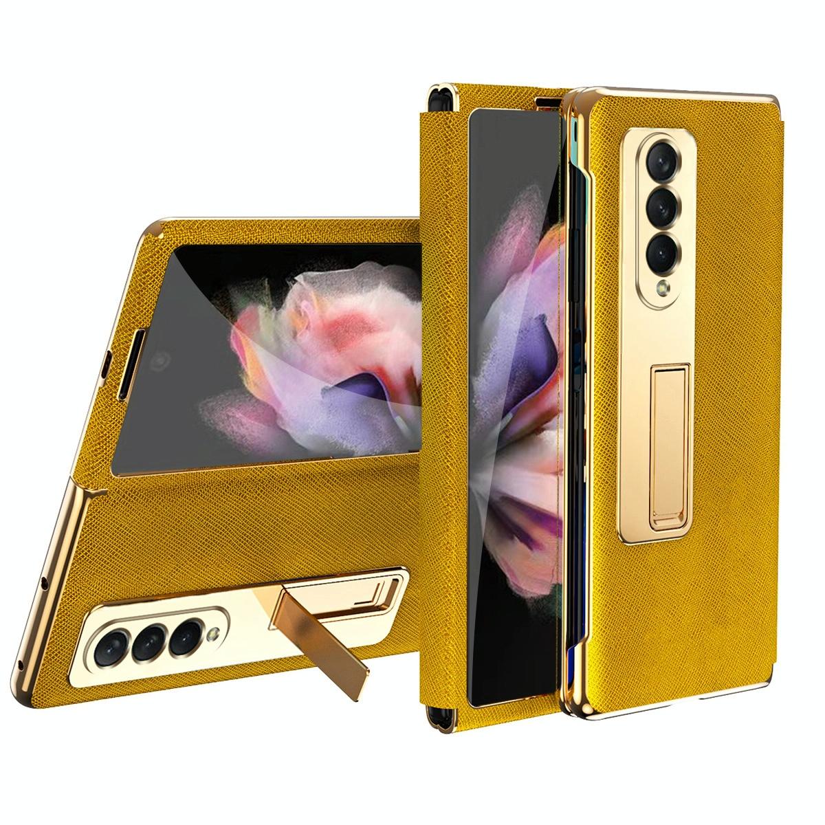 For Samsung Galaxy Z Fold4 5G Flip Case With Tempered Film Textured Hinge Gold Cases Covers & Skins
