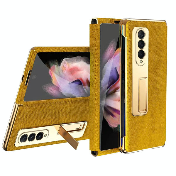 For Samsung Galaxy Z Fold4 5G Flip Case With Tempered Film Textured Hinge Gold Cases Covers & Skins