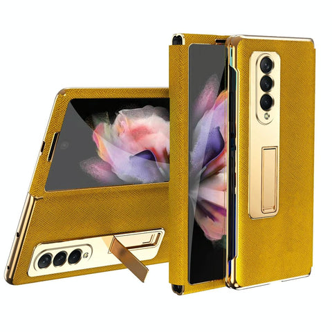 For Samsung Galaxy Z Fold4 5G Flip Case With Tempered Film Textured Hinge Gold Cases Covers & Skins