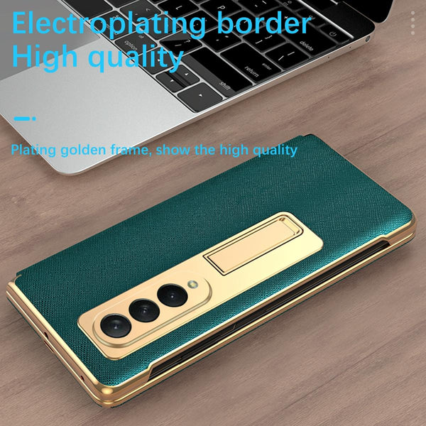For Samsung Galaxy Z Fold4 5G Flip Case With Tempered Film Textured Hinge Gold Cases Covers & Skins