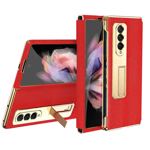 For Samsung Galaxy Z Fold4 5G Flip Case With Tempered Film Textured Hinge Gold Cases Covers & Skins
