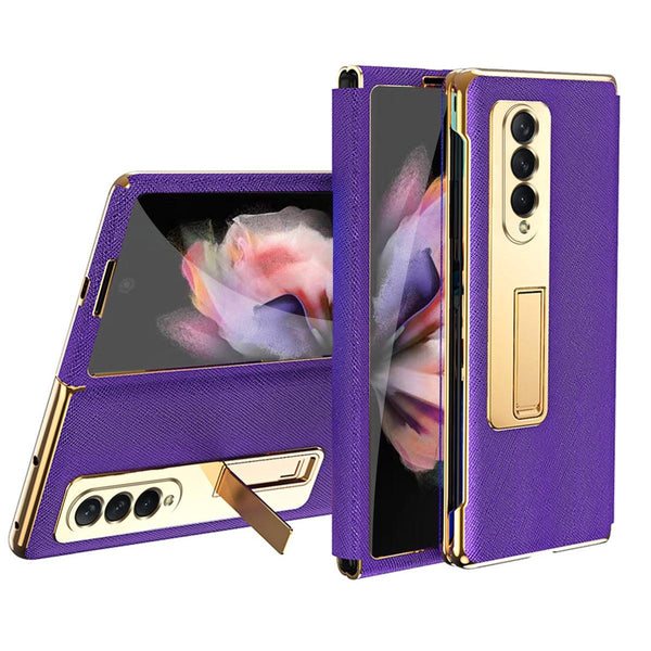 For Samsung Galaxy Z Fold4 5G Flip Case With Tempered Film Textured Hinge Gold Cases Covers & Skins