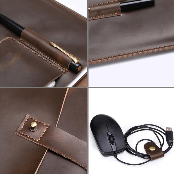 15.4" Genuine Leather Laptop Tablet Case With Cable Organizer Coffee Laptop Cases & Bags