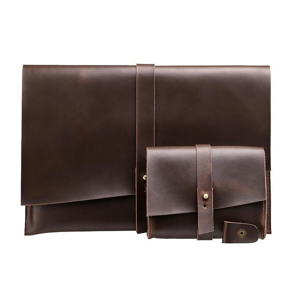 15.4" Genuine Leather Laptop Tablet Case With Cable Organizer Coffee Laptop Cases & Bags