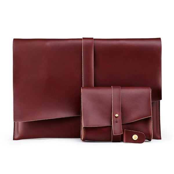 15.4" Genuine Leather Laptop Tablet Case With Cable Organizer Coffee Laptop Cases & Bags