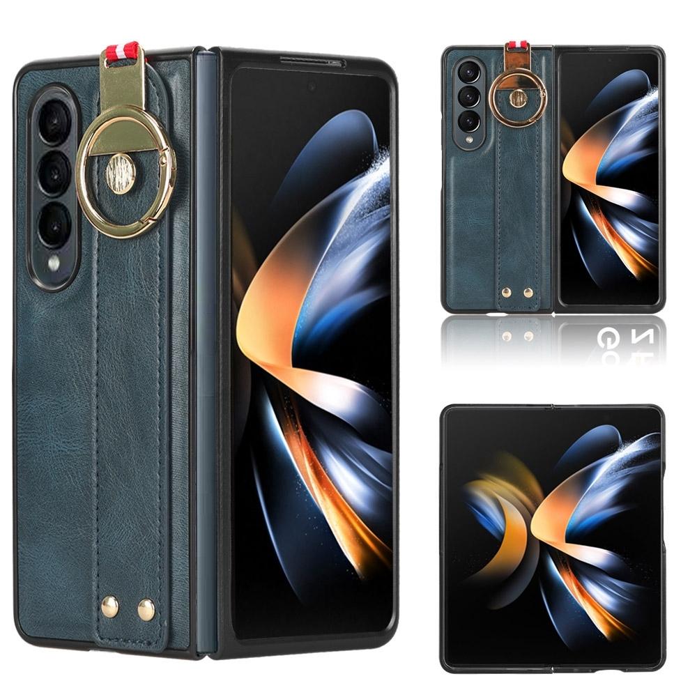 For Samsung Galaxy Z Fold4 5G Leather Wristband Phone Case Back Cover Blue Straps & Charms