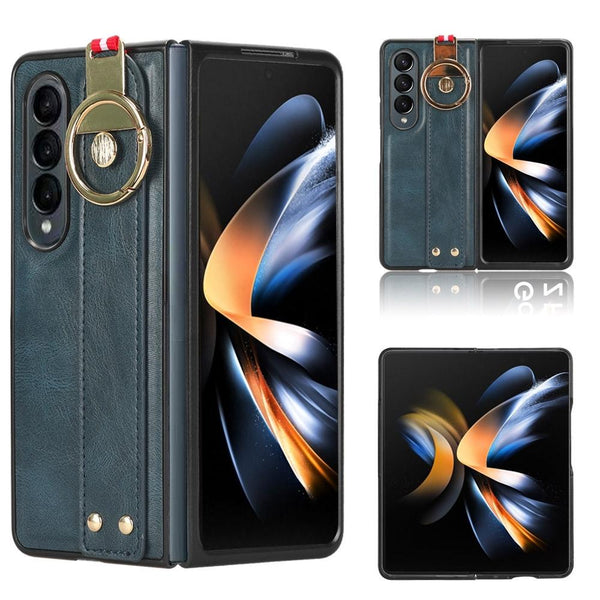 For Samsung Galaxy Z Fold4 5G Leather Wristband Phone Case Back Cover Blue Straps & Charms