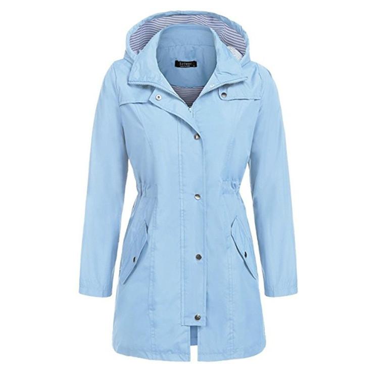 Casual Women Waterproof Waist Hooded Long Coat Size Xl Sky Blue Coats Jackets & Vests