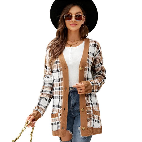 Autumn And Winter Female Diamond Loose Knitted Cardigan Jacquard Medium Length Sweater Jacket Brown Xl Jumpers & Cardigans