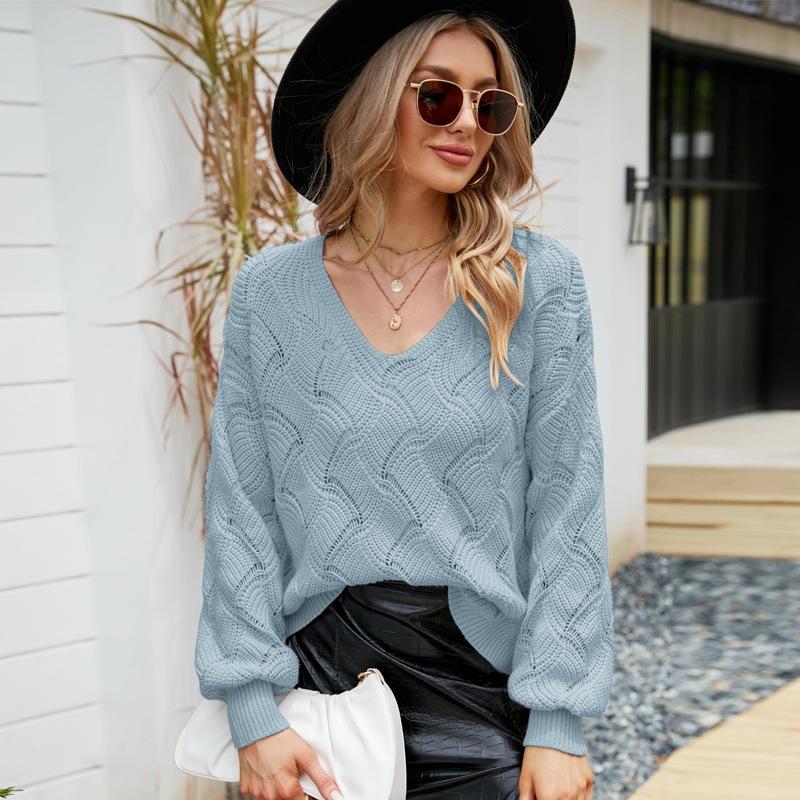 V Neck Sweater Women Autumn And Winter Loose Knitted Bottoming Shirt Blue Xl Jumpers & Cardigans
