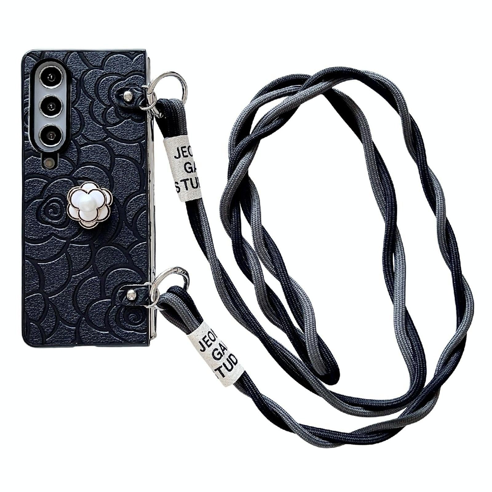 For Samsung Galaxy Z Fold4 5G Camellia Pattern Phone Case With Lanyard Black Cases Covers & Skins