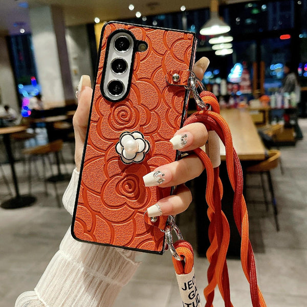 For Samsung Galaxy Z Fold4 5G Camellia Pattern Phone Case With Lanyard Black Cases Covers & Skins