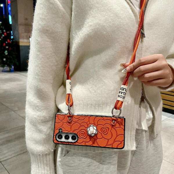 For Samsung Galaxy Z Fold4 5G Camellia Pattern Phone Case With Lanyard Black Cases Covers & Skins