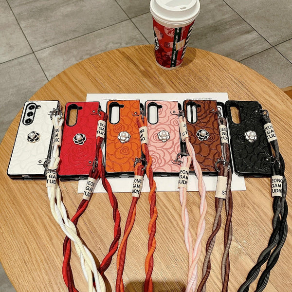 For Samsung Galaxy Z Fold4 5G Camellia Pattern Phone Case With Lanyard Black Cases Covers & Skins