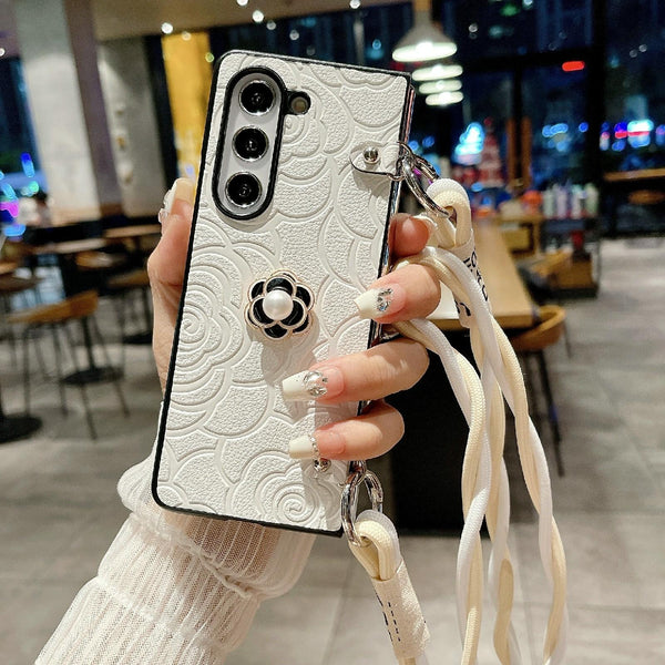 For Samsung Galaxy Z Fold4 5G Camellia Pattern Phone Case With Lanyard Black Cases Covers & Skins