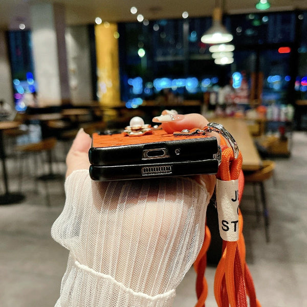 For Samsung Galaxy Z Fold4 5G Camellia Pattern Phone Case With Lanyard Black Cases Covers & Skins