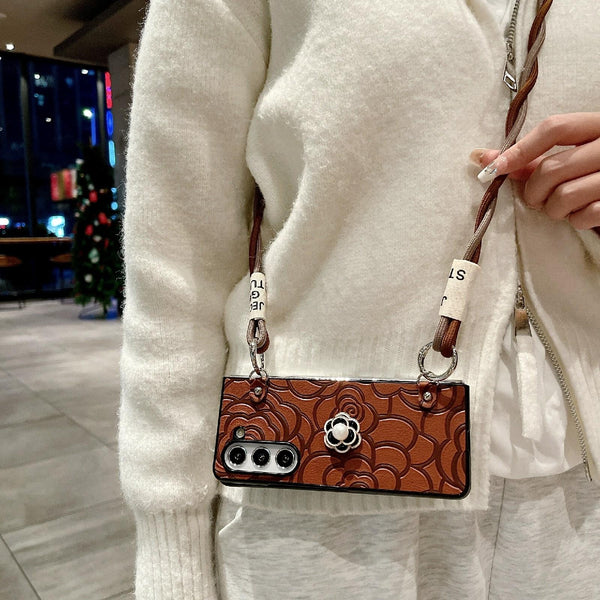 For Samsung Galaxy Z Fold4 5G Camellia Pattern Phone Case With Lanyard Black Cases Covers & Skins