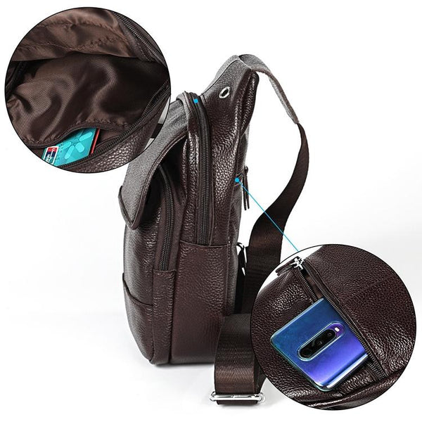 Men Litchi Texture Full Grain Cowhide Crossbody Bag Coffee Bags