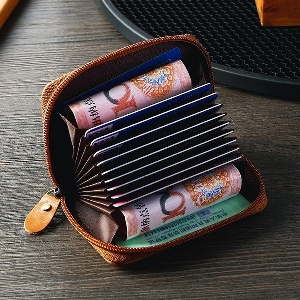 Leather Rfid Zipper Card Holder With Change Pocket Dark Brown Travel Wallets