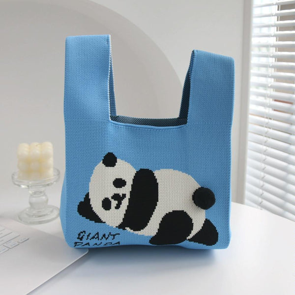 Cartoon Panda Knit Bag Large Capacity Vest Handbag Blue Women's Bags & Handbags