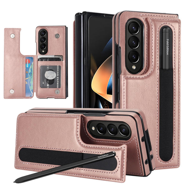 For Samsung Galaxy Z Fold4 5G Double Buckle Foldable Phone Case With Pen Slot Rose Gold Cases Covers & Skins