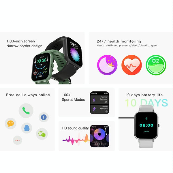 1.83 Inch Touch Screen Ai Voice Heart Rate Blood Oxygen Pressure Sleep Smartwatch Khaki Smart Watches