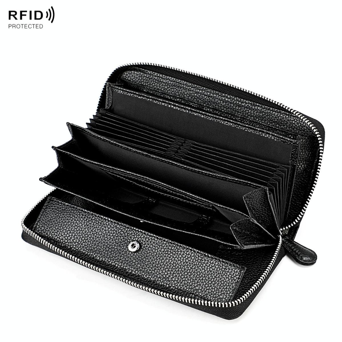 Stylish Rfid Clutch With Zipper Lychee Texture Black Wallets