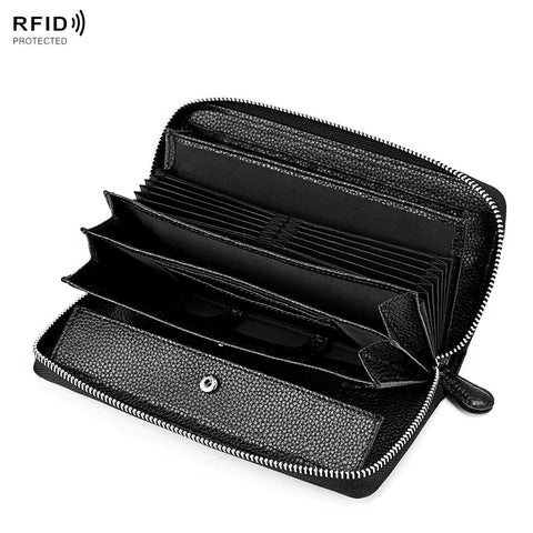 Stylish Rfid Clutch With Zipper Lychee Texture Black Wallets
