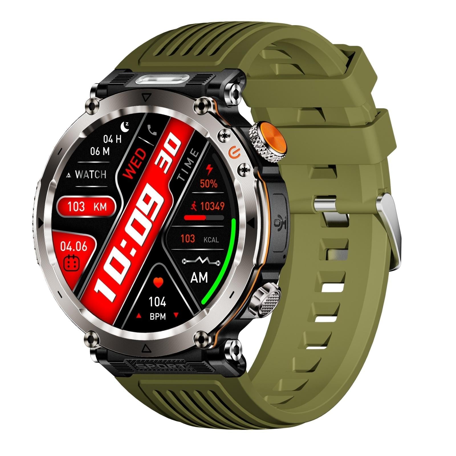 Waterproof Smart Watch With Flashlight And Compass 1 Inch Army Green Smart Watches