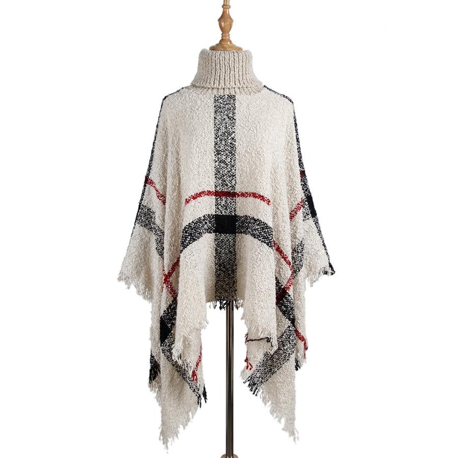 Women Mid Length Turtleneck Sweater Fringed Cloak Shawl Free Size Beige Scarves & Wraps