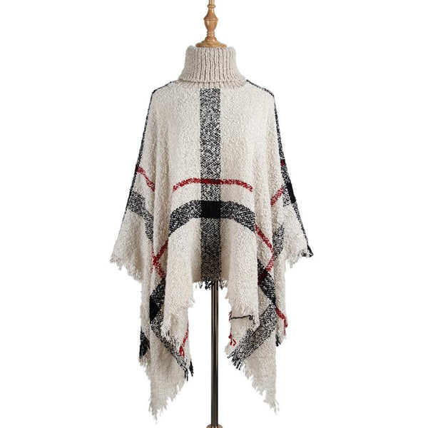 Women Mid Length Turtleneck Sweater Fringed Cloak Shawl Free Size Beige Scarves & Wraps