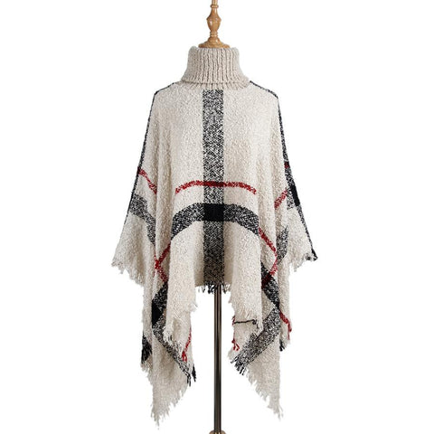 Women Mid Length Turtleneck Sweater Fringed Cloak Shawl Free Size Beige Scarves & Wraps