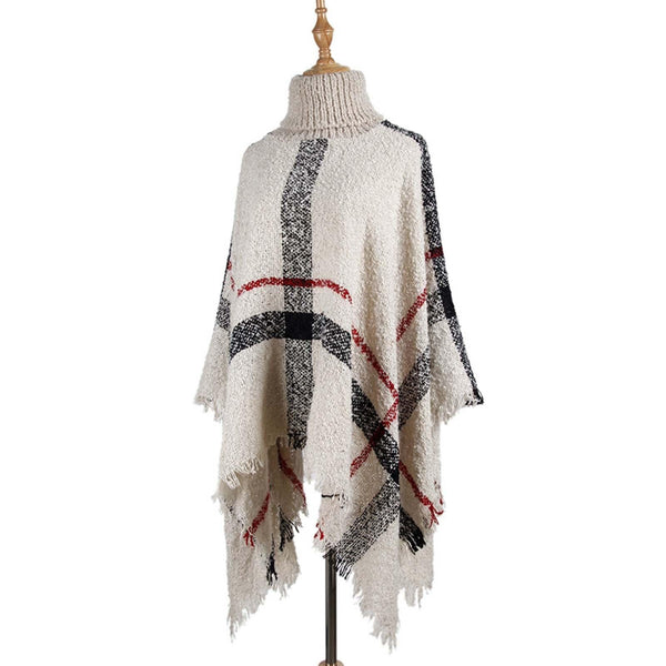 Women Mid Length Turtleneck Sweater Fringed Cloak Shawl Free Size Beige Scarves & Wraps