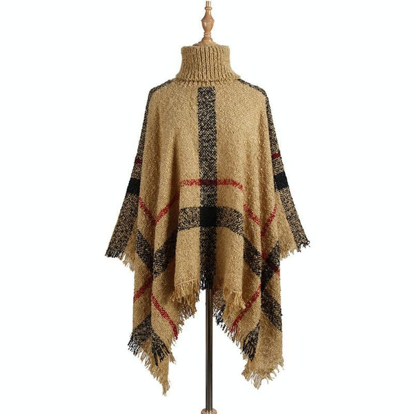 Women Mid Length Turtleneck Sweater Fringed Cloak Shawl Free Size Beige Scarves & Wraps