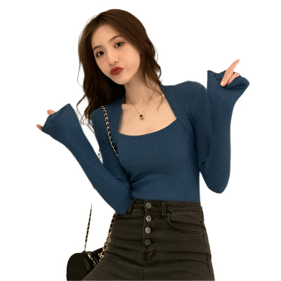 Square Collar Exposed Clavicle T Shirt Fake Two Piece Knitted Long Sleeved Bottoming Free Size Blue Tops
