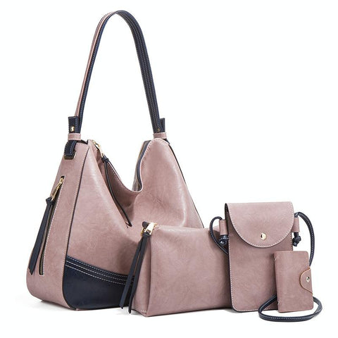 Large Capacity Diagonal Handbags 4 In 1 Colour Block Leather Bags Pink Women's Bags & Handbags