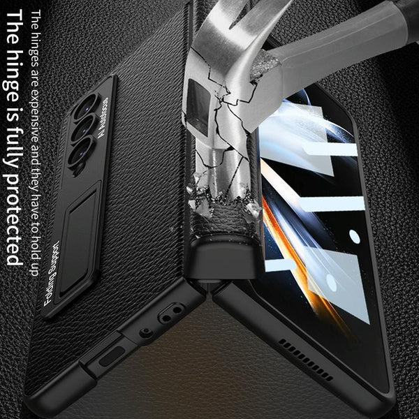 For Samsung Galaxy Z Fold4 5G Leather Phone Case With Foldable Hinge And Holder Carbon Fibre Black Other Mobile Accessories