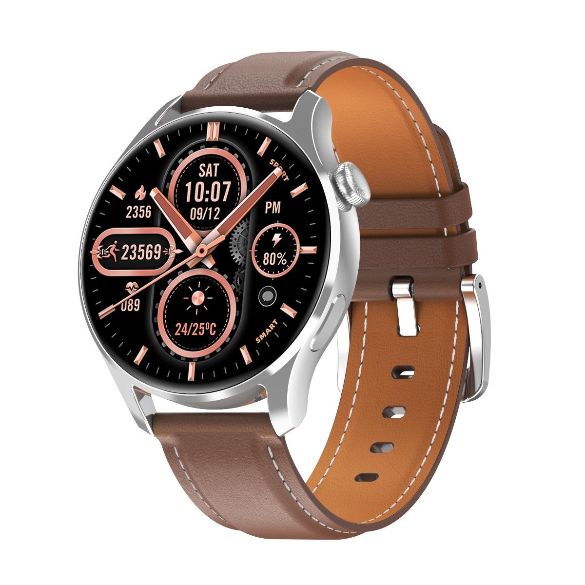 1.32 Inch Heart Rate Monitoring Smart Watch With Payment Function Silver Leather Smart Watches