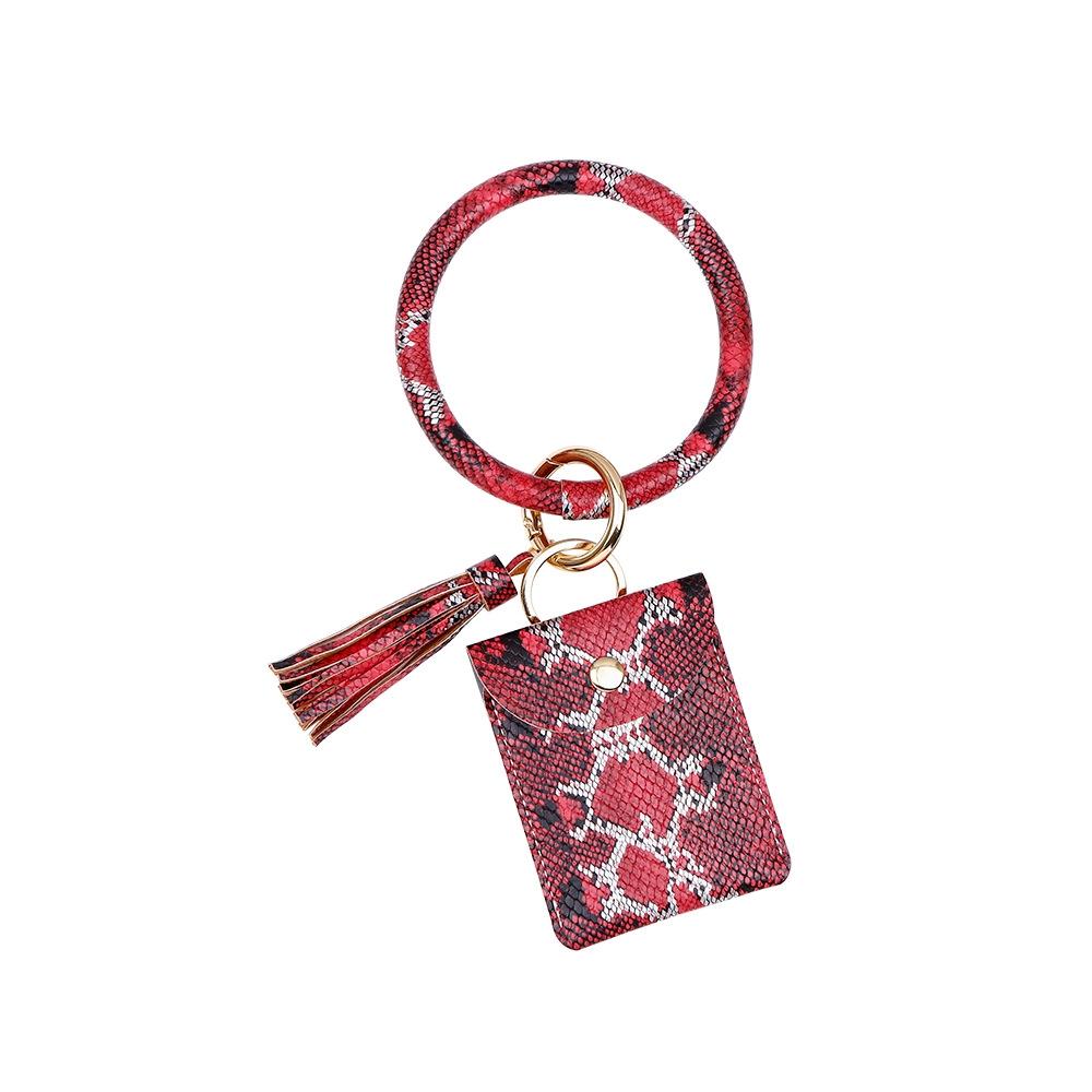 Snake Print Wrist Keychain Coin Purse Black Leather Bracelet Card Case Red Wallets