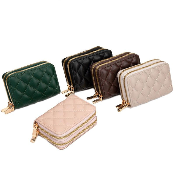 Double Layer Zipper Wallet Multi Card Slot Large Capacity Rhombus Design Coffee Wallets