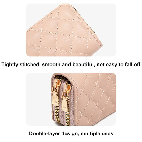 Double Layer Zipper Wallet Multi Card Slot Large Capacity Rhombus Design Coffee Wallets